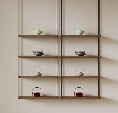 Colorful Teapots Arranged on Modern Metal Shelf with Green Dark Gray Light Gray Red Hues 3d model