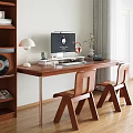 Modern Study Room Interior With Wooden Desk Computer Table Lamp Bookshelf And Chairs