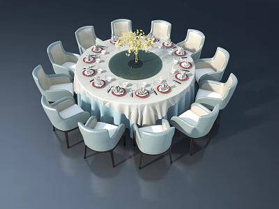 Casement Windows In Stylish Dining Room With Round Table And Light Blue Chairs 3d model
