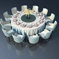 Casement Windows In Stylish Dining Room With Round Table And Light Blue Chairs