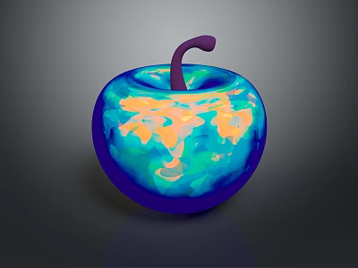 Vibrant Blue And Yellow Apple With Purple Stem And Shiny Surface Design 3d model