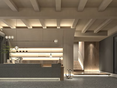 Hotel Lobby Interior Design With Beamed Ceiling Pendant Lights Reception Desk And Wooden Staircase 3d model