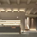 Hotel Lobby Interior Design With Beamed Ceiling Pendant Lights Reception Desk And Wooden Staircase
