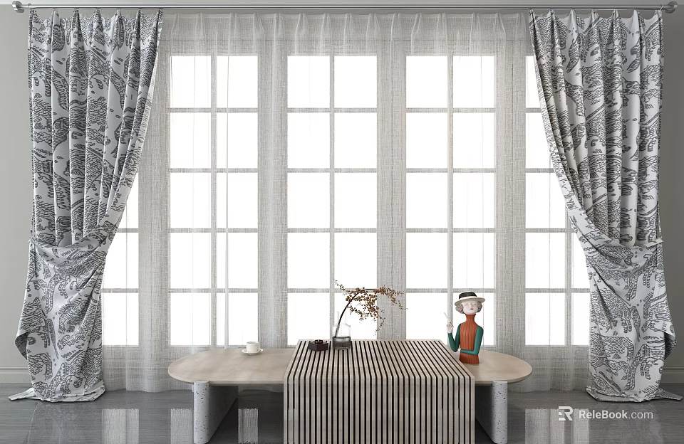 Gray Patterned Curtains Enhance Minimalist Living Room With Large Windows And Decorative Vase 3d model 