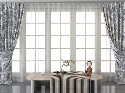 Gray Patterned Curtains Enhance Minimalist Living Room With Large Windows And Decorative Vase 3d model