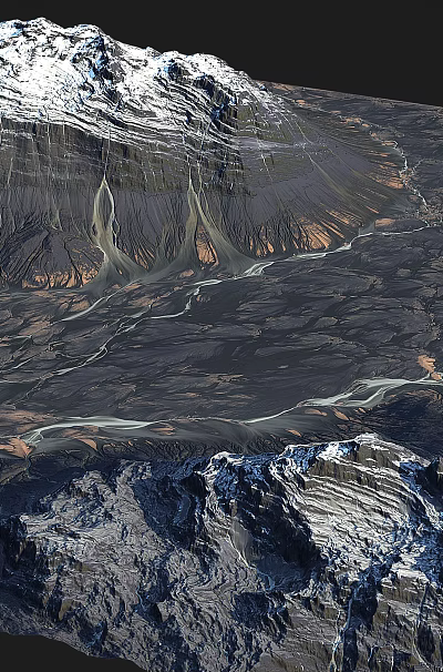 Majestic Mountain Scenery With Snowy Summits Winding Rivers And Rugged Terrain 3d model