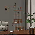 Multi Level Wooden Cat Tree With Condo Platforms And Hanging Toys In Modern Living Room