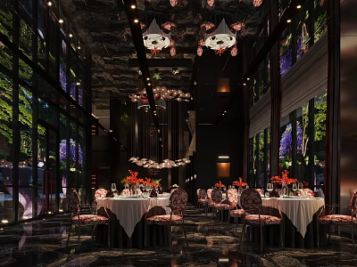 Elegant Restaurant Interior With Decorative Chandeliers White Tablecloths And Patterned Chairs 3d model