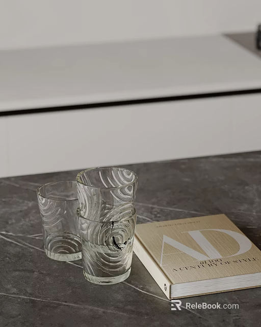 Modern Minimalist Decorative Accessory Set With Clear Glass Cups And Magazine On Gray Marble Countertop 3d model 