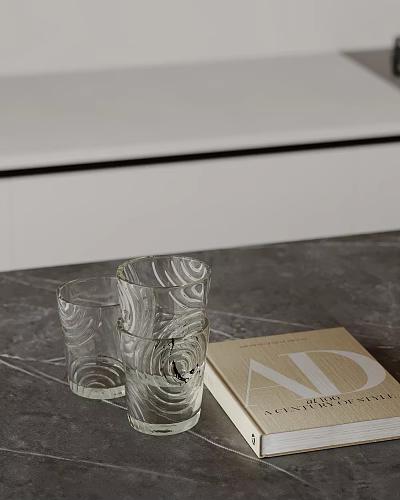 Modern Minimalist Decorative Accessory Set With Clear Glass Cups And Magazine On Gray Marble Countertop 3d model