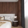 Modern Bedroom With Wooden Wall Paneling White Headboard Gold Bedding And Wooden Floor
