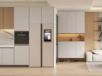 Modern Open Dining and Living Room With Wooden White Cabinetry Refrigerator and Sofa 3d model