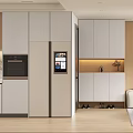 Modern Open Dining and Living Room With Wooden White Cabinetry Refrigerator and Sofa