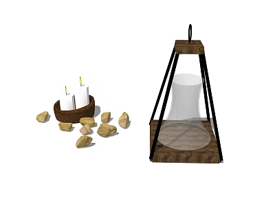 Wooden Frame Candle Lantern With Transparent Shade And Stones Around Candles 3d model