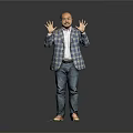 Man in plaid blazer white shirt blue jeans and sandals spreading hands on grey background