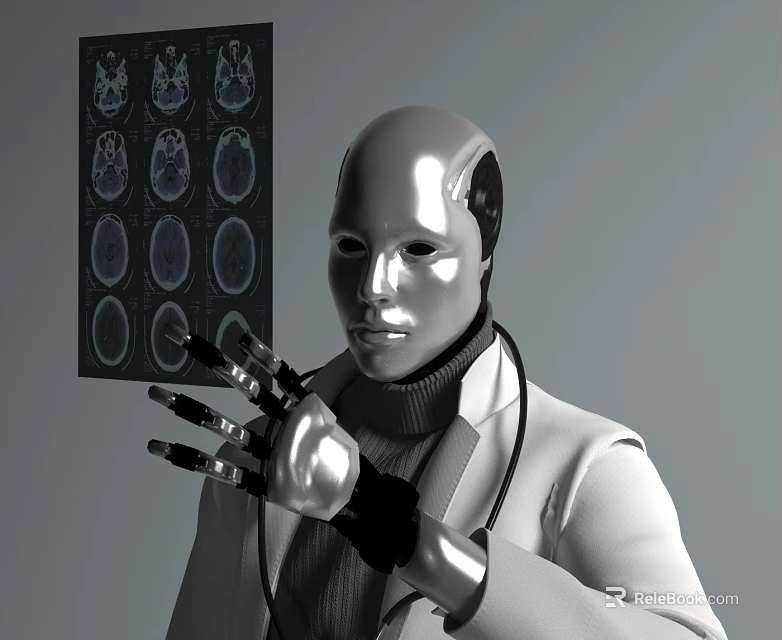 Intelligent Robot in White Coat With Stethoscope Analyzing Brain Scan 3d model 