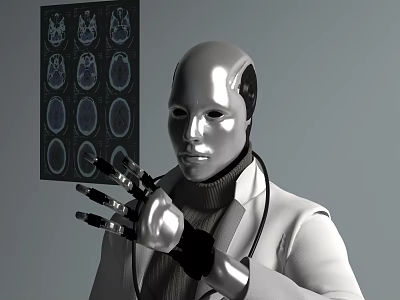 Intelligent Robot in White Coat With Stethoscope Analyzing Brain Scan 3d model