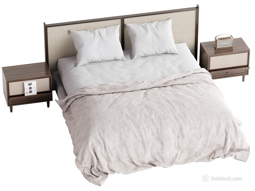 Modern Double Bed With Woven Headboard Light Colored Bedding And Wooden Nightstands 3d model 