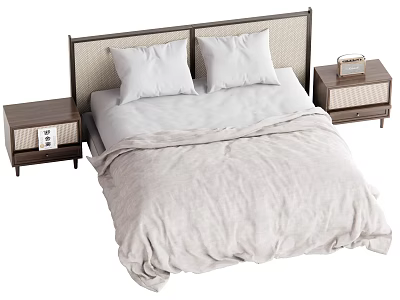 Modern Double Bed With Woven Headboard Light Colored Bedding And Wooden Nightstands 3d model