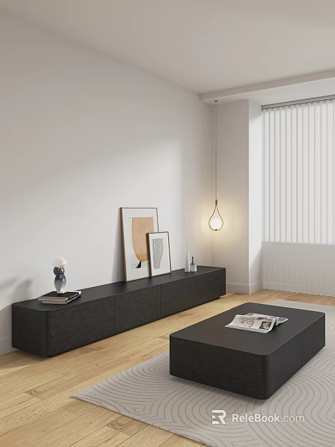 Modern Black TV Stand With Framed Artworks Blue Vase Hanging Lamp White Wall Wooden Floor 3d model 