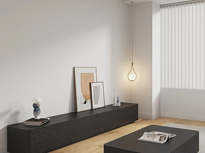 Modern Black TV Stand With Framed Artworks Blue Vase Hanging Lamp White Wall Wooden Floor 3d model