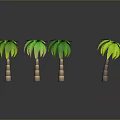 Four Palm Trees With Green Leaves And Brown Trunks On Gray Background With Reflections