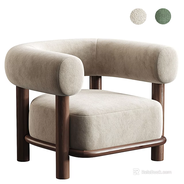 Modern Accent Chair Featuring Beige Fabric Upholstery Rounded Armrests And Dark Brown Wooden Legs 3d model 