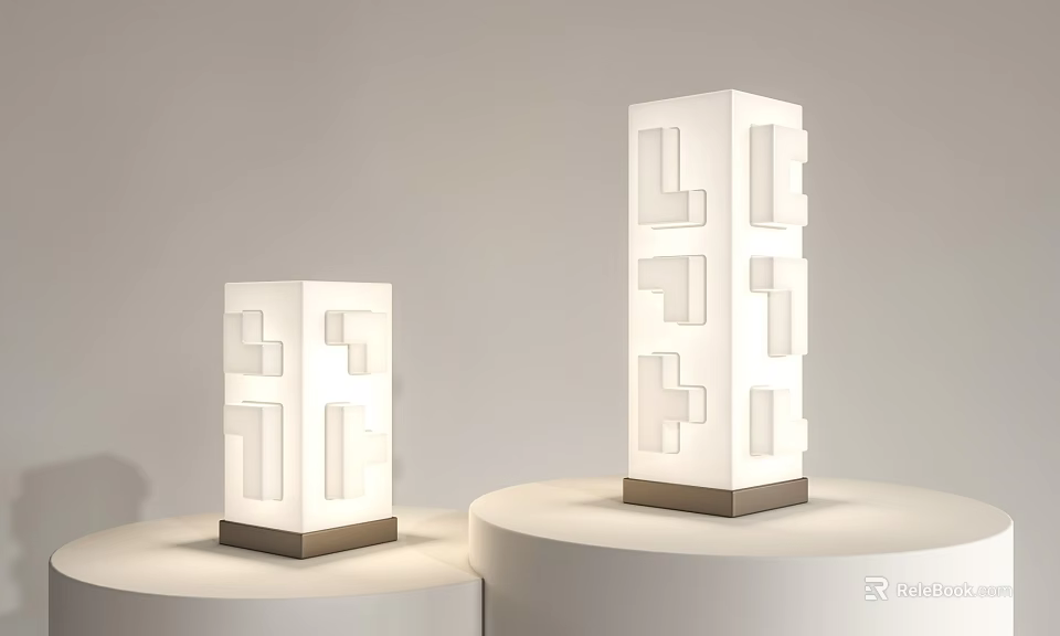Modern White Table Lamps With Geometric Cut Out Design Dark Base On White Pedestals 3d model 
