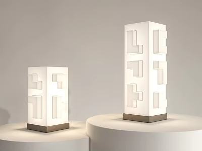 Modern White Table Lamps With Geometric Cut Out Design Dark Base On White Pedestals 3d model