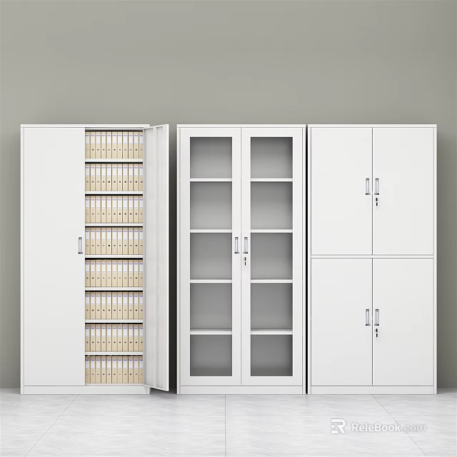 White Metal Bookcases With Glass Door Locking Storage And Folder Organization Shelves 3d model 