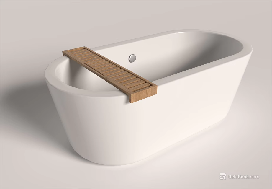 Modern White Freestanding Bathtub With Wooden Shelf For Relaxing Bathroom Interior 3d model 