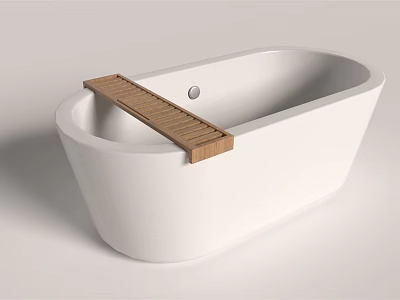 Modern White Freestanding Bathtub With Wooden Shelf For Relaxing Bathroom Interior 3d model