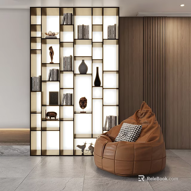 Modern Open Shelf Bookcase With Books Decorative Vases Sculptures And Bean Bag Chair 3d model 