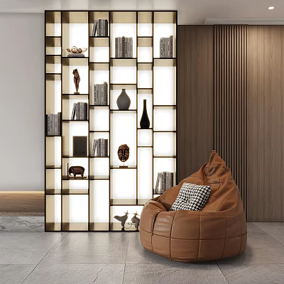 Modern Open Shelf Bookcase With Books Decorative Vases Sculptures And Bean Bag Chair 3d model