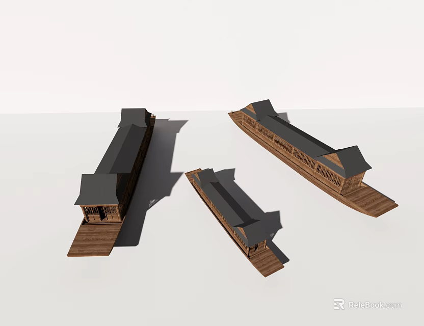 Three Traditional Wooden Boats With Classic Roof Design And Handcrafted Structure 3d model 