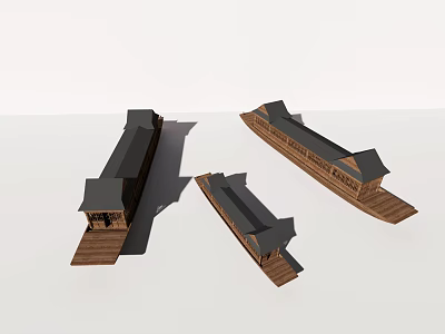 Three Traditional Wooden Boats With Classic Roof Design And Handcrafted Structure 3d model