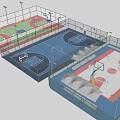Basketball Court Facility With Multiple Colorful Surfaces Fencing Lighting And Canopies