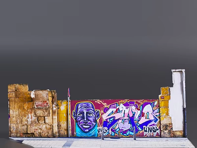 Urban Graffiti Wall With Purple Face Art Colorful Letters Brick Sides Against Gray Sky 3d model