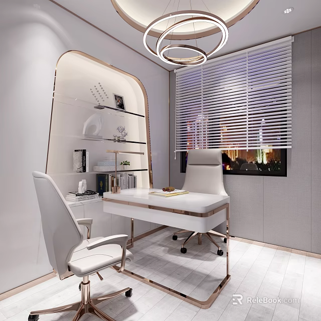 Hotel Public Lounge Area With White Furniture Bookshelf Blinds Chandelier And Night View 3d model 