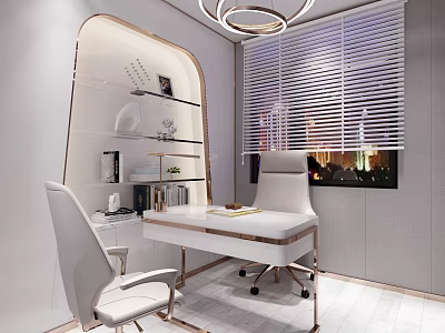 Hotel Public Lounge Area With White Furniture Bookshelf Blinds Chandelier And Night View 3d model