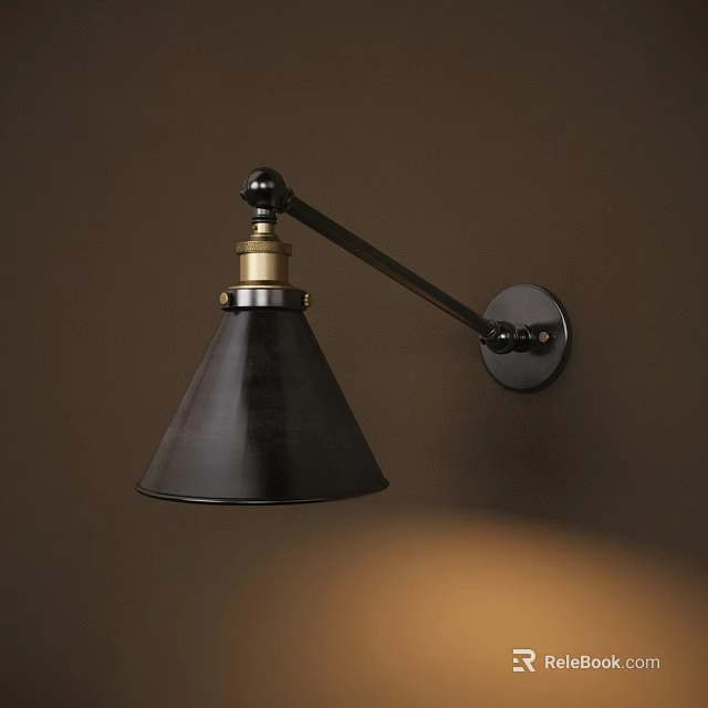 Vintage Industrial Wall Sconce With Conical Black Shade And Metal Arm 3d model 