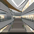 Spacious Shopping Mall Lobby With Multi Level Staircase Colorful Decorative Columns And Balloons