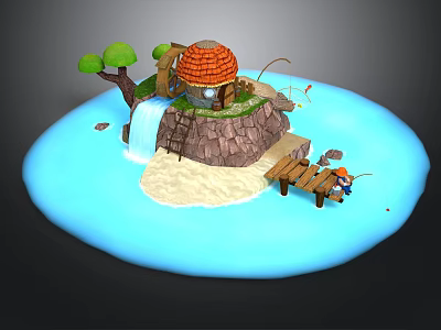 3D Island Scene With Red Roof Cabin Waterfall Wooden Bridge And Green Tree 3d model
