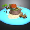 3D Island Scene With Red Roof Cabin Waterfall Wooden Bridge And Green Tree