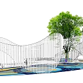 Colorful Playground Equipment With Wavy Fence Tree And Bright Ground Design
