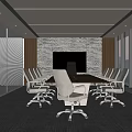 Modern Meeting Room Interior With Long Table Chairs Stone Wall TV Large Windows Blinds Gray Carpet
