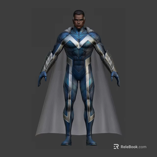Superhero Style Game Movie Character In Blue Silver Tight Fitting Suit With Cape 3d model 