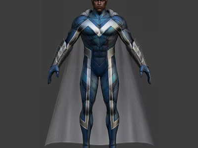 Superhero Style Game Movie Character In Blue Silver Tight Fitting Suit With Cape 3d model
