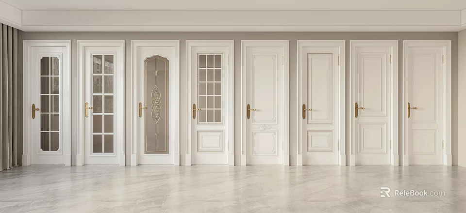 White Hinged Doors With Various Design Patterns In Modern Interior Space 3d model 