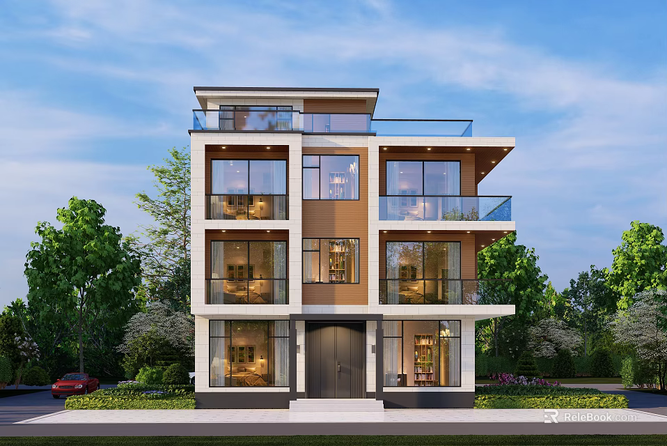 Modern Detached Villa With Multiple Floors Large Windows Balconies And Lush Greenery Surroundings 3d model 